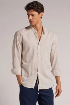 Camisa con Cuello Mao de Lino y Algodón