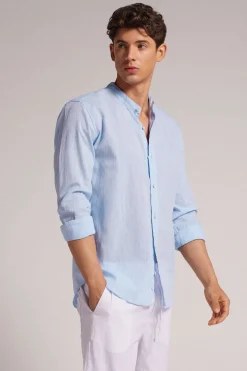 Camisa con Cuello Mao de Lino y Algodón