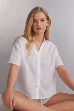 Camisa de Manga Corta en Tela de Lino