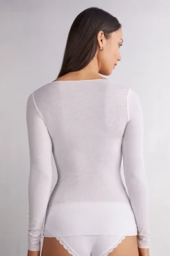 Camiseta con cuello barco en cashmere de manga Larga