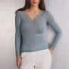 Camiseta con encaje de manga larga en modal y cashmere ultraligero