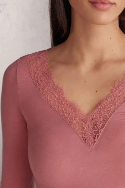 Camiseta con encaje de manga larga en modal y cashmere ultraligero
