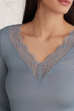 Camiseta con encaje de manga larga en modal y cashmere ultraligero