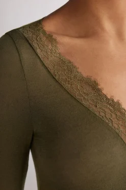 Camiseta con encaje de manga larga en modal y cashmere ultraligero