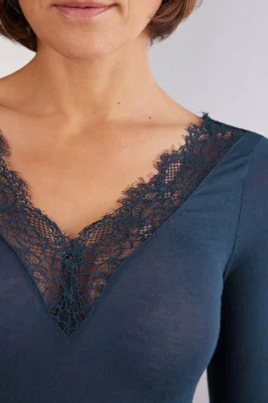 Camiseta con encaje de manga larga en modal y cashmere ultraligero