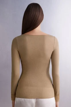 Camiseta con encaje de manga larga en modal y cashmere ultraligero