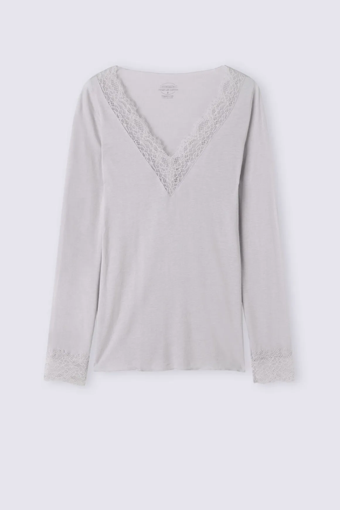 Camiseta con encaje de manga larga en modal y cashmere ultraligero