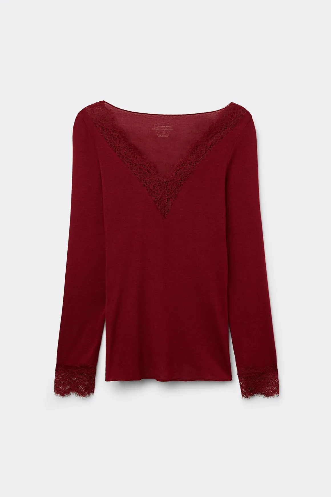 Camiseta con encaje de manga larga en modal y cashmere ultraligero