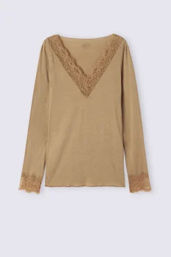 Camiseta con encaje de manga larga en modal y cashmere ultraligero