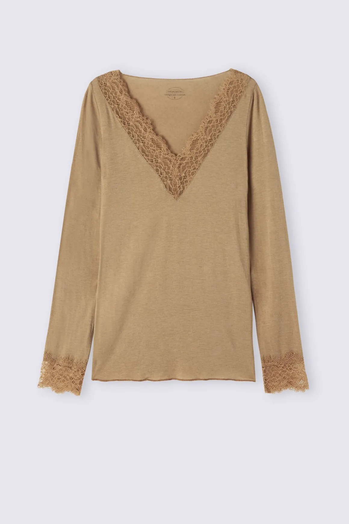 Camiseta con encaje de manga larga en modal y cashmere ultraligero