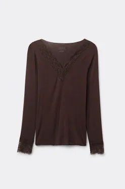 Camiseta con encaje de manga larga en modal y cashmere ultraligero