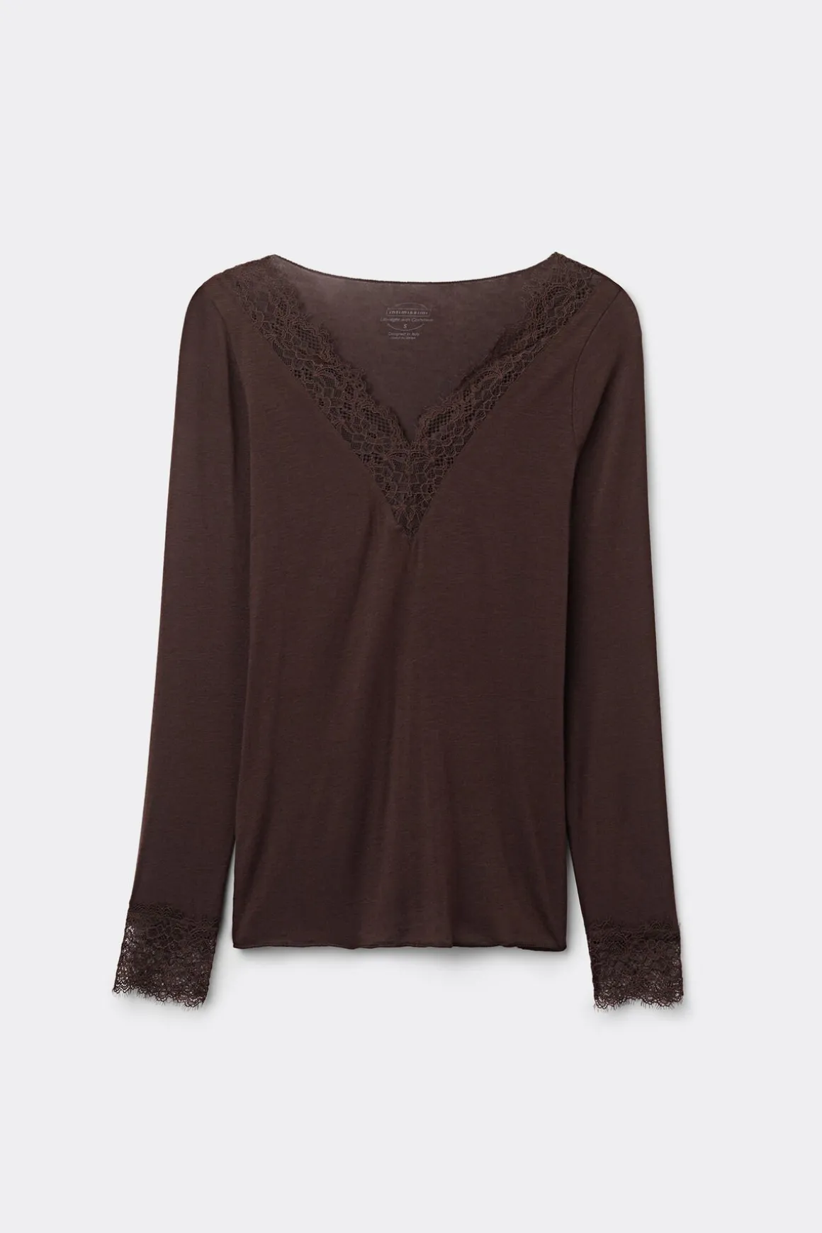 Camiseta con encaje de manga larga en modal y cashmere ultraligero