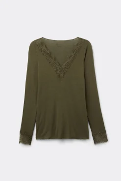 Camiseta con encaje de manga larga en modal y cashmere ultraligero