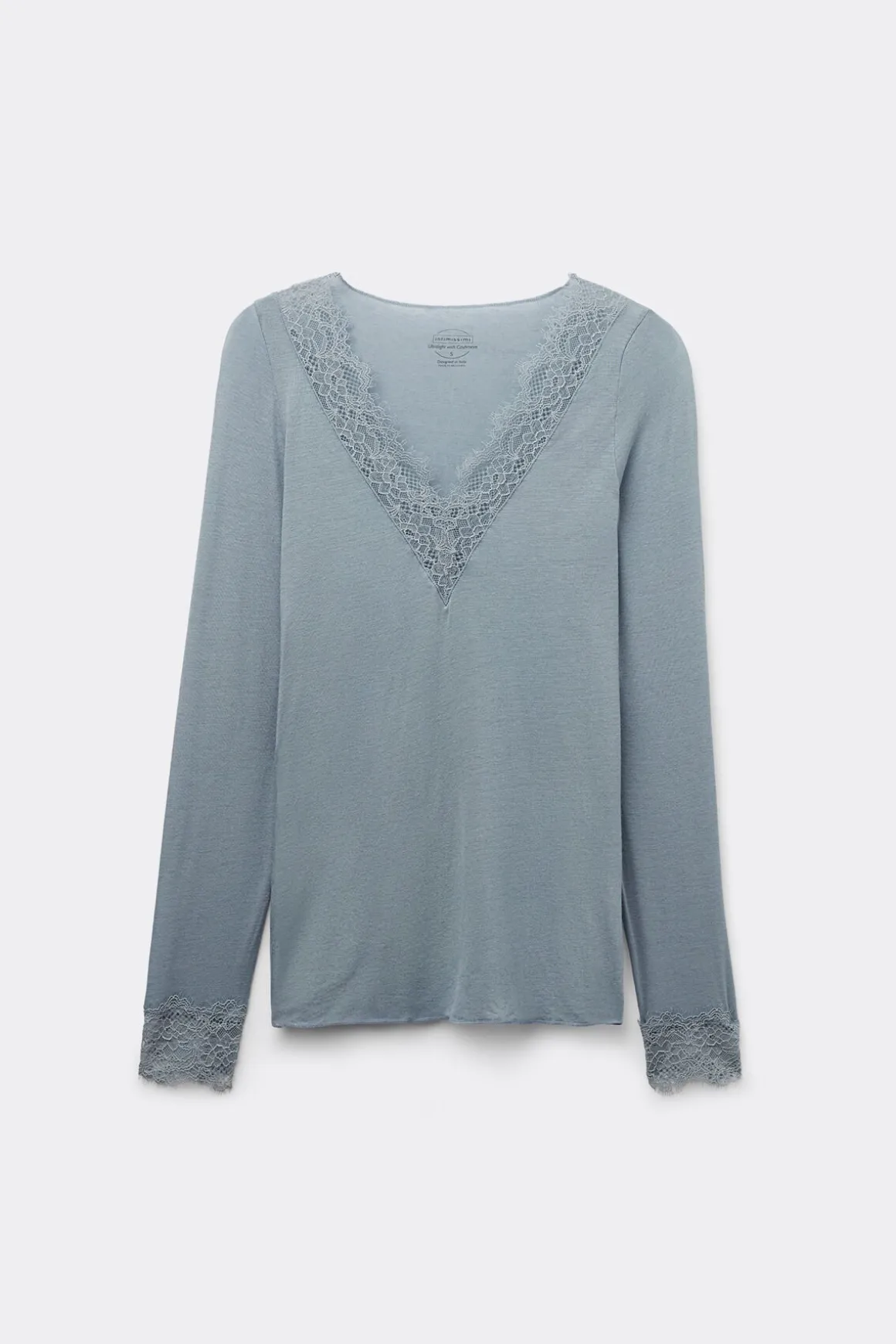Camiseta con encaje de manga larga en modal y cashmere ultraligero