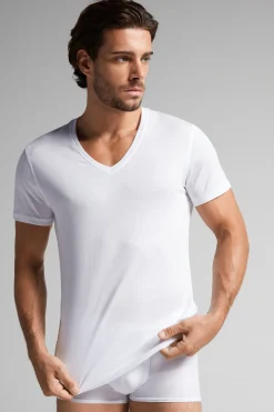 Camiseta con Escote de Pico de Algodón Superior Extrafino