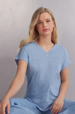 Camiseta de Manga Corta con Escote de Pico de Lino