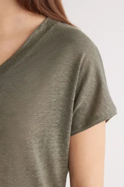 Camiseta de Manga Corta con Escote de Pico de Lino