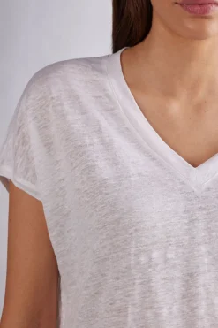 Camiseta de Manga Corta con Escote de Pico de Lino