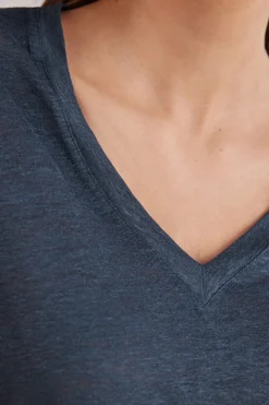 Camiseta de Manga Corta con Escote de Pico de Lino