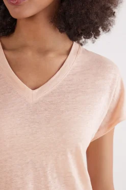 Camiseta de Manga Corta con Escote de Pico de Lino