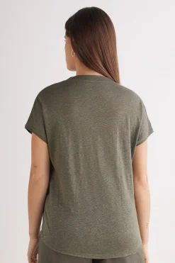 Camiseta de Manga Corta con Escote de Pico de Lino
