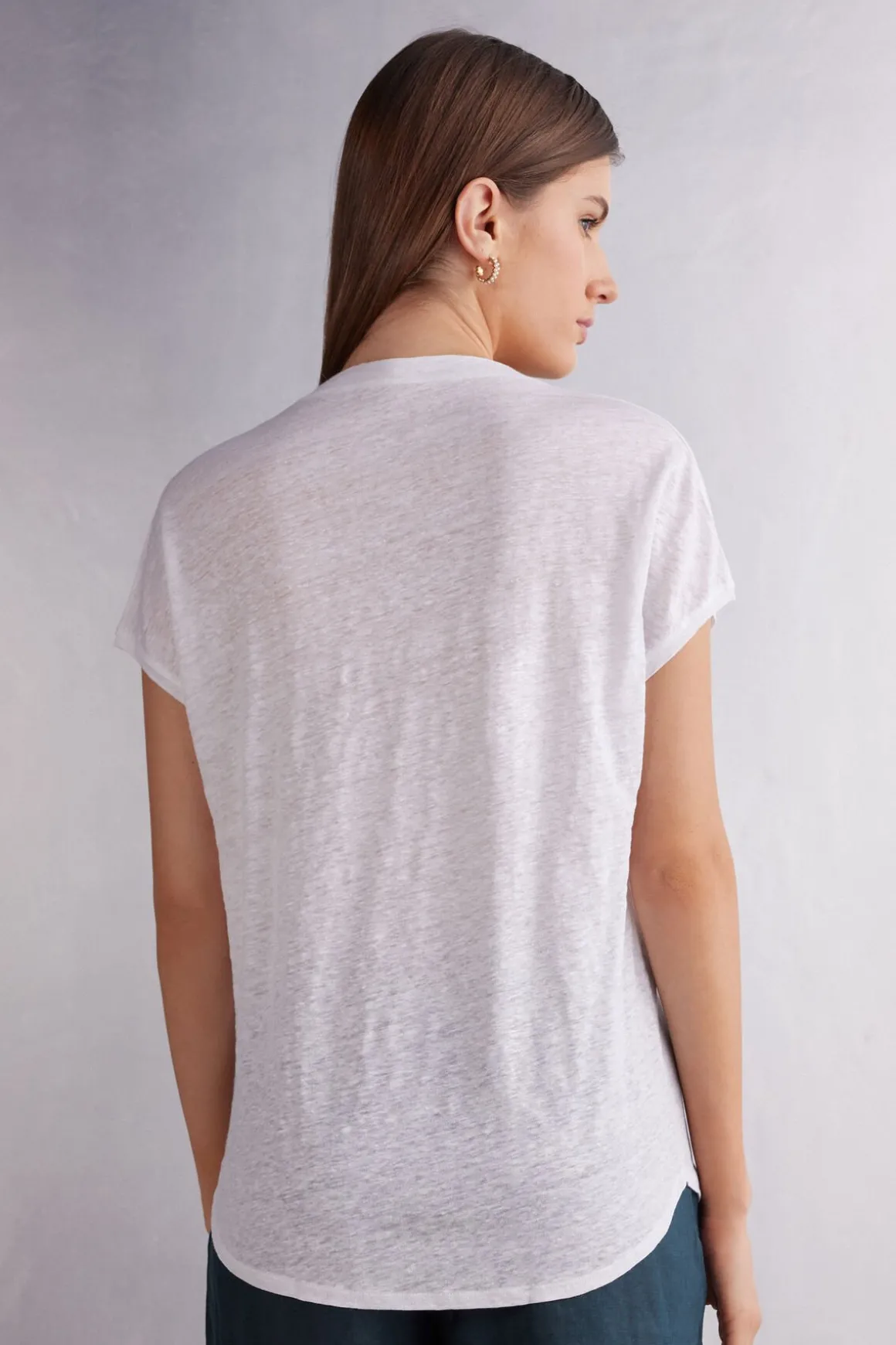 Camiseta de Manga Corta con Escote de Pico de Lino