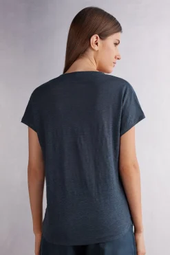 Camiseta de Manga Corta con Escote de Pico de Lino