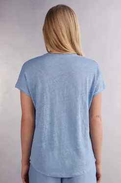 Camiseta de Manga Corta con Escote de Pico de Lino