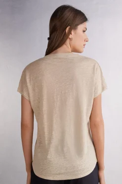 Camiseta de Manga Corta con Escote de Pico de Lino