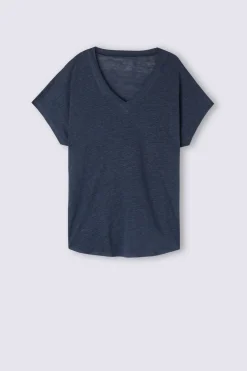 Camiseta de Manga Corta con Escote de Pico de Lino