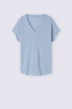 Camiseta de Manga Corta con Escote de Pico de Lino