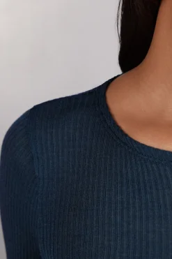 Camiseta de Manga Larga con Cuello Redondo Holgado de Lana y Seda