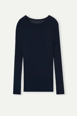 Camiseta de Manga Larga con Cuello Redondo Holgado de Lana y Seda