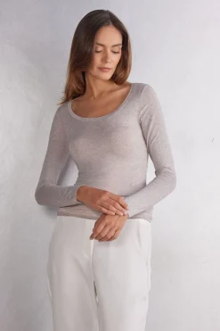 Camiseta de Manga Larga de Modal Ultralight con Cashmere y Escote Redondo