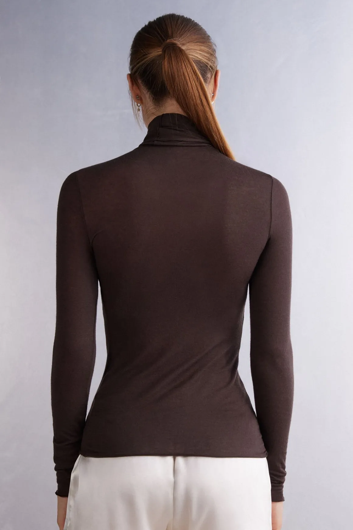 Camiseta de Manga Larga de Cuello Alto de Cashmere Ultraligero de Modal