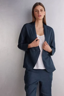 Chaqueta de Doble Botonadura en Tela de Lino