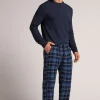 Pantalón Tela de Algodón Perchada Estampado Cuadros Azul Denim