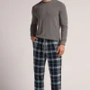 Pantalón Tela de Algodón Perchada Estampado Cuadros Negro Celeste