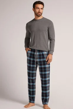Pantalón Tela de Algodón Perchada Estampado Cuadros Negro Celeste
