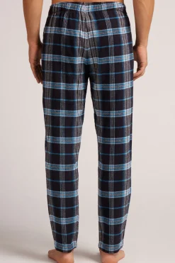 Pantalón Tela de Algodón Perchada Estampado Cuadros Negro Celeste