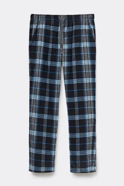 Pantalón Tela de Algodón Perchada Estampado Cuadros Negro Celeste