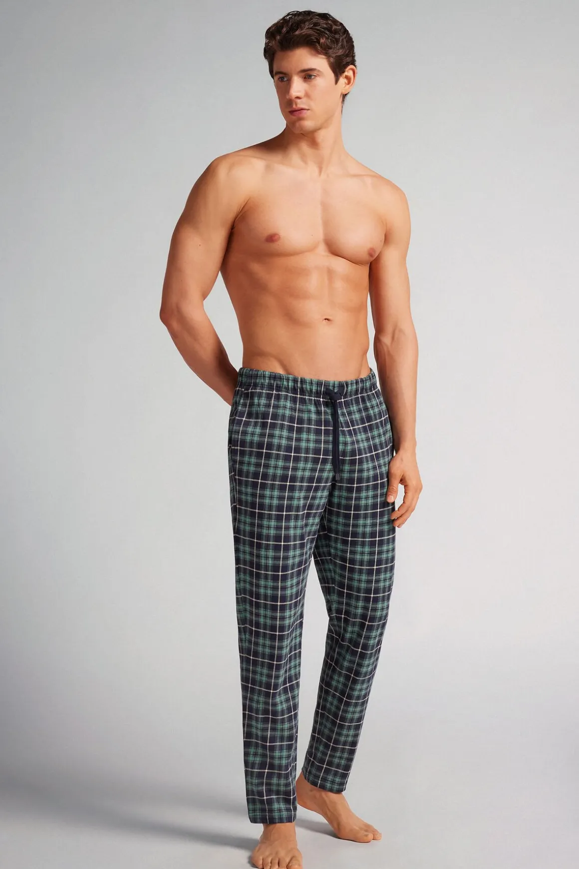 Pantalones Largos de Algodón Estampado Cuadros Azul/Verde