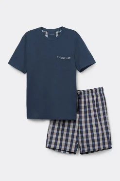 Pijama Corto de Algodón y Tela a Cuadros Denim