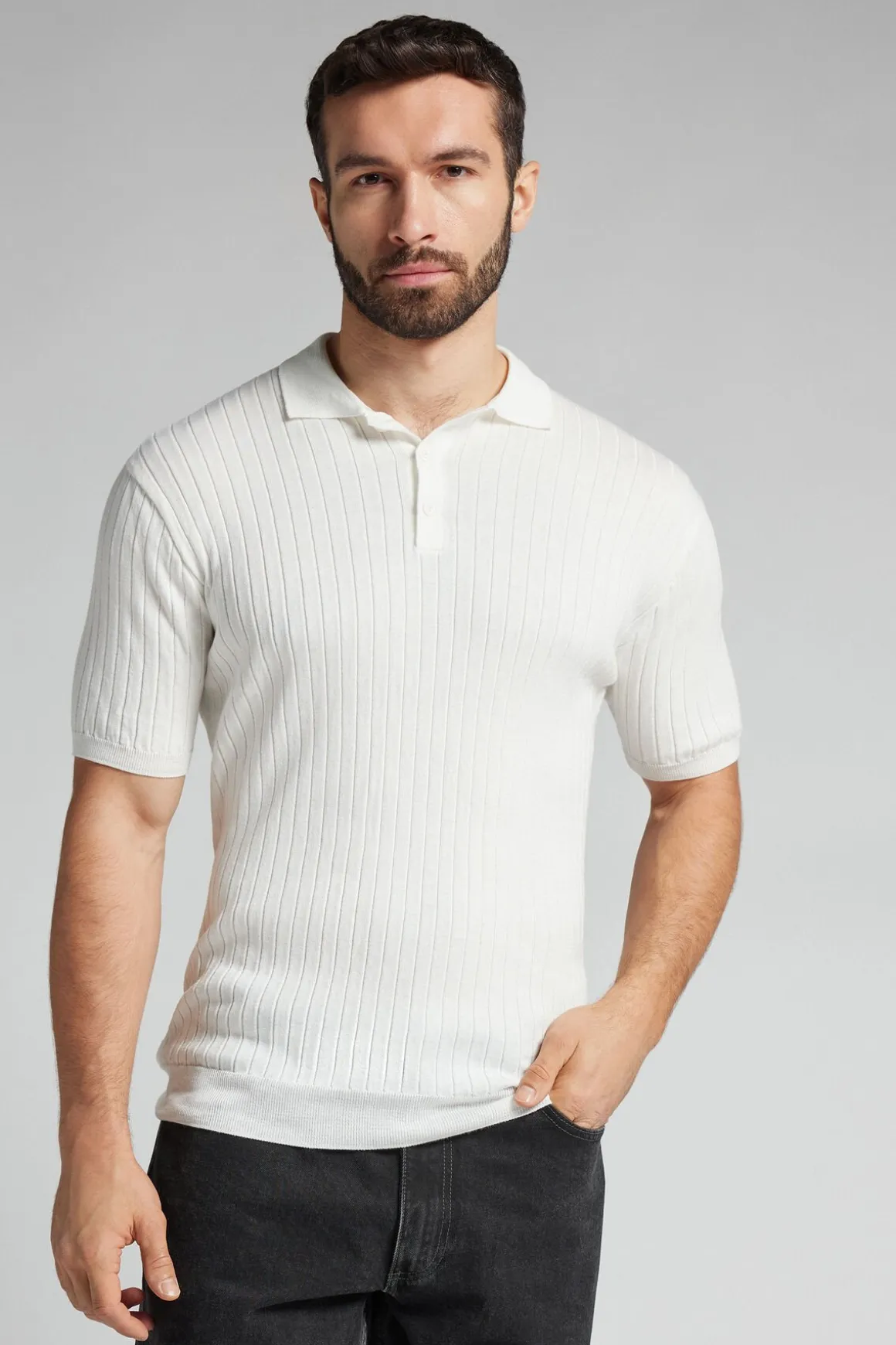 Polo de Manga Corta de Punto de Algodón de Canalé